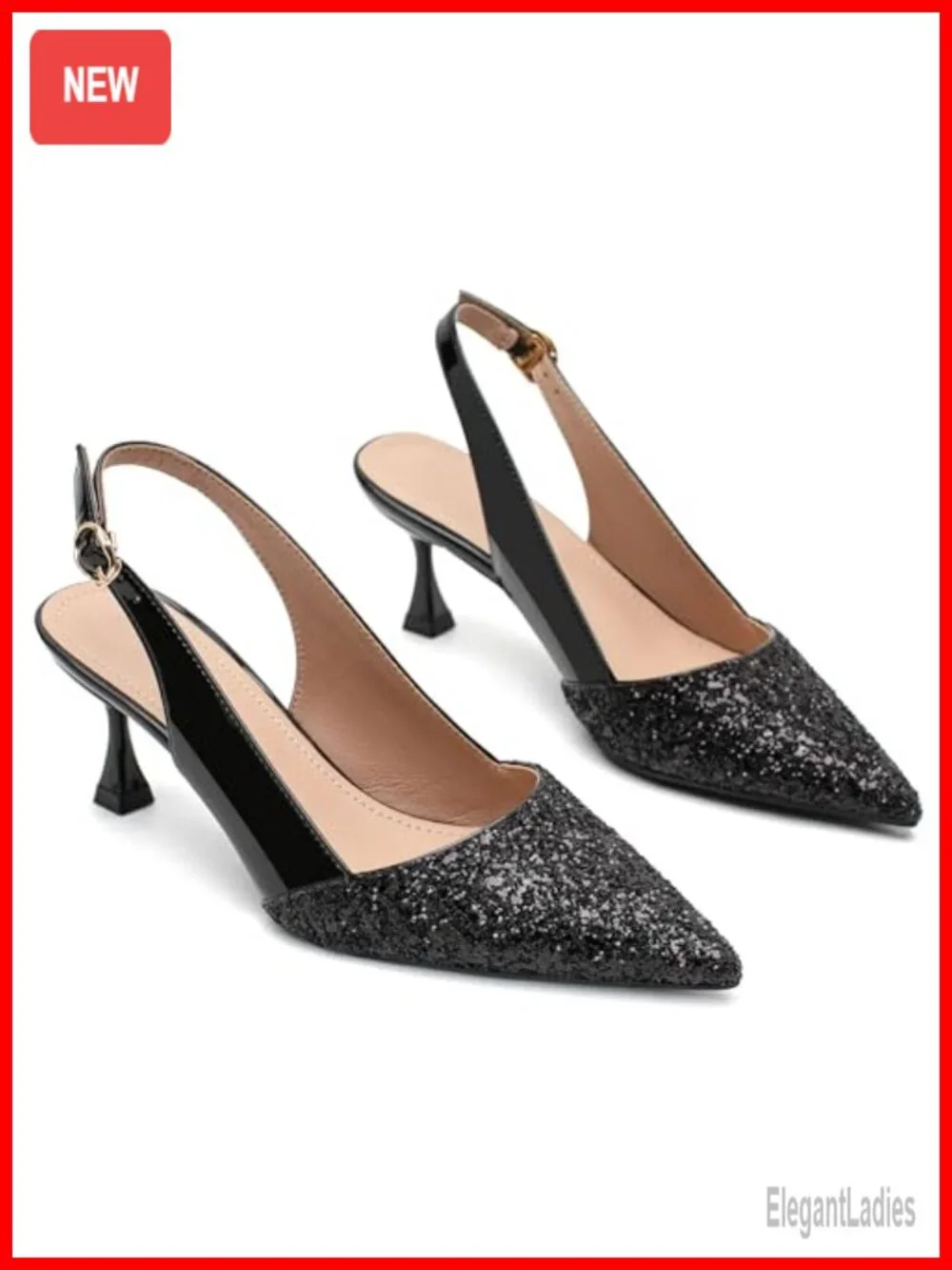 Women's Kitten Heel Sequin Pointed Toe Faux Leather Slingback Pumps